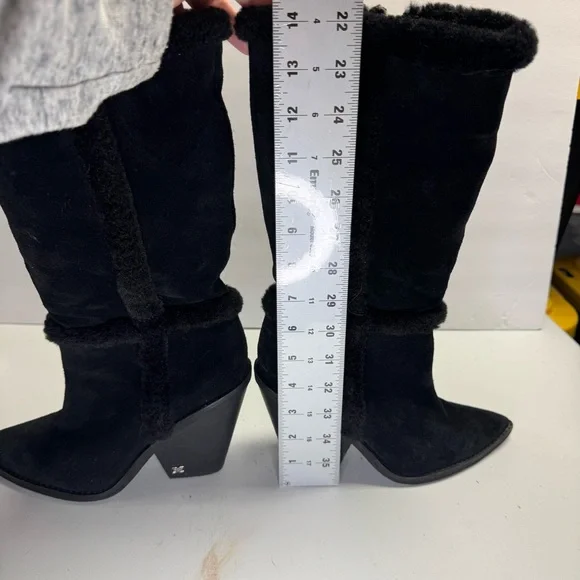 Sam Edelman womens 6.5 mid calf heeled suede, faux fur trim black boots - Picture 6 of 8
